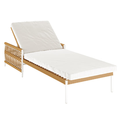 Sibutu Wicker Outdoor Sun Lounger in Light Beige features a white metal frame with woven rattan sides, topped with a long white cushion and adjustable backrest for stylish outdoor relaxation.