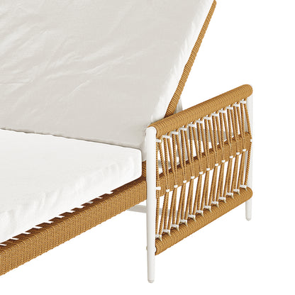 Sibutu Wicker Outdoor Sun Lounger in Light Beige features a white metal frame with tan synthetic rope weave and plush white cushions, offering a modern and comfortable outdoor seating option.