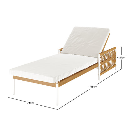 Sibutu Wicker Outdoor Sun Lounger in Light Beige showcasing a natural tan woven rope frame, white metal legs, adjustable backrest, and removable white cushion, ideal for elegant outdoor relaxation.