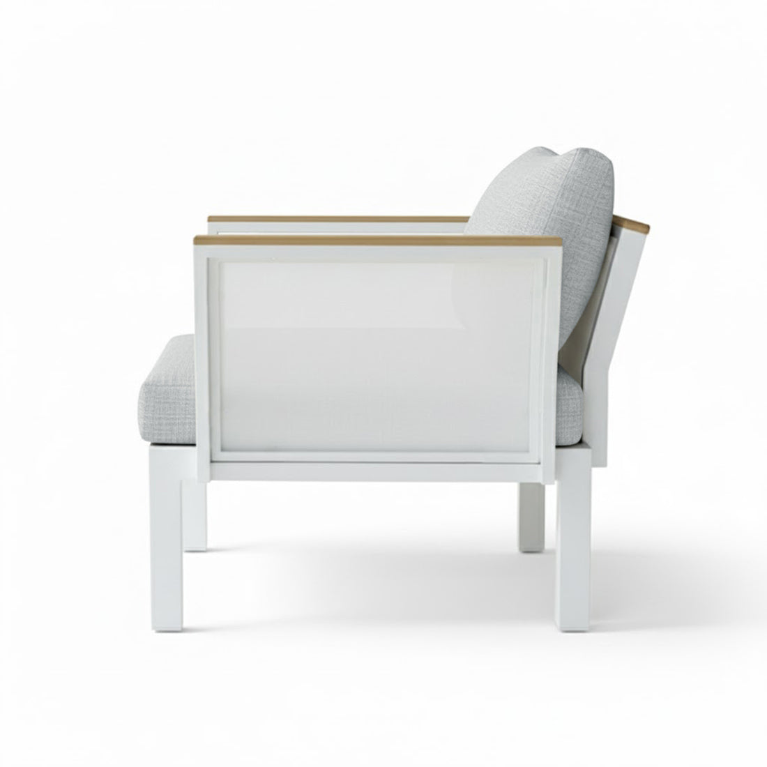 Sierra 5-Seater Outdoor Lounge Set in Grey features a sleek white metal frame, light wood armrests, and plush light gray cushions, embodying modern resort style for effortless outdoor comfort.