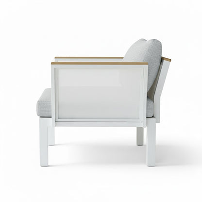 Sierra 5-Seater Outdoor Lounge Set in Grey features a sleek white metal frame, light wood armrests, and plush light gray cushions, embodying modern resort style for effortless outdoor comfort.