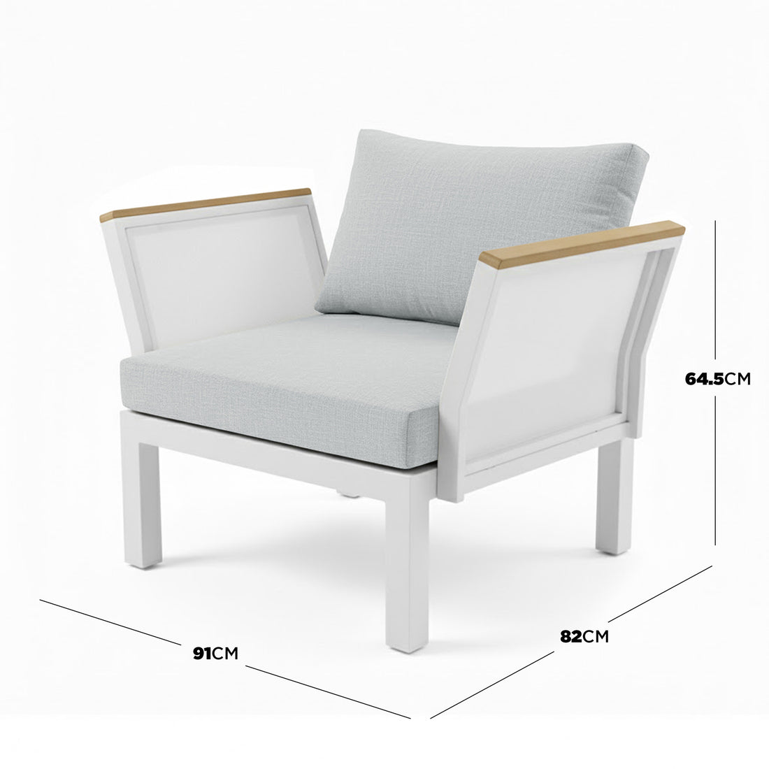 Sierra 5-Seater Outdoor Lounge Set in Grey features a white metal frame, light grey cushions, and wooden armrest caps, offering spacious, weather-resistant comfort with resort-style elegance.