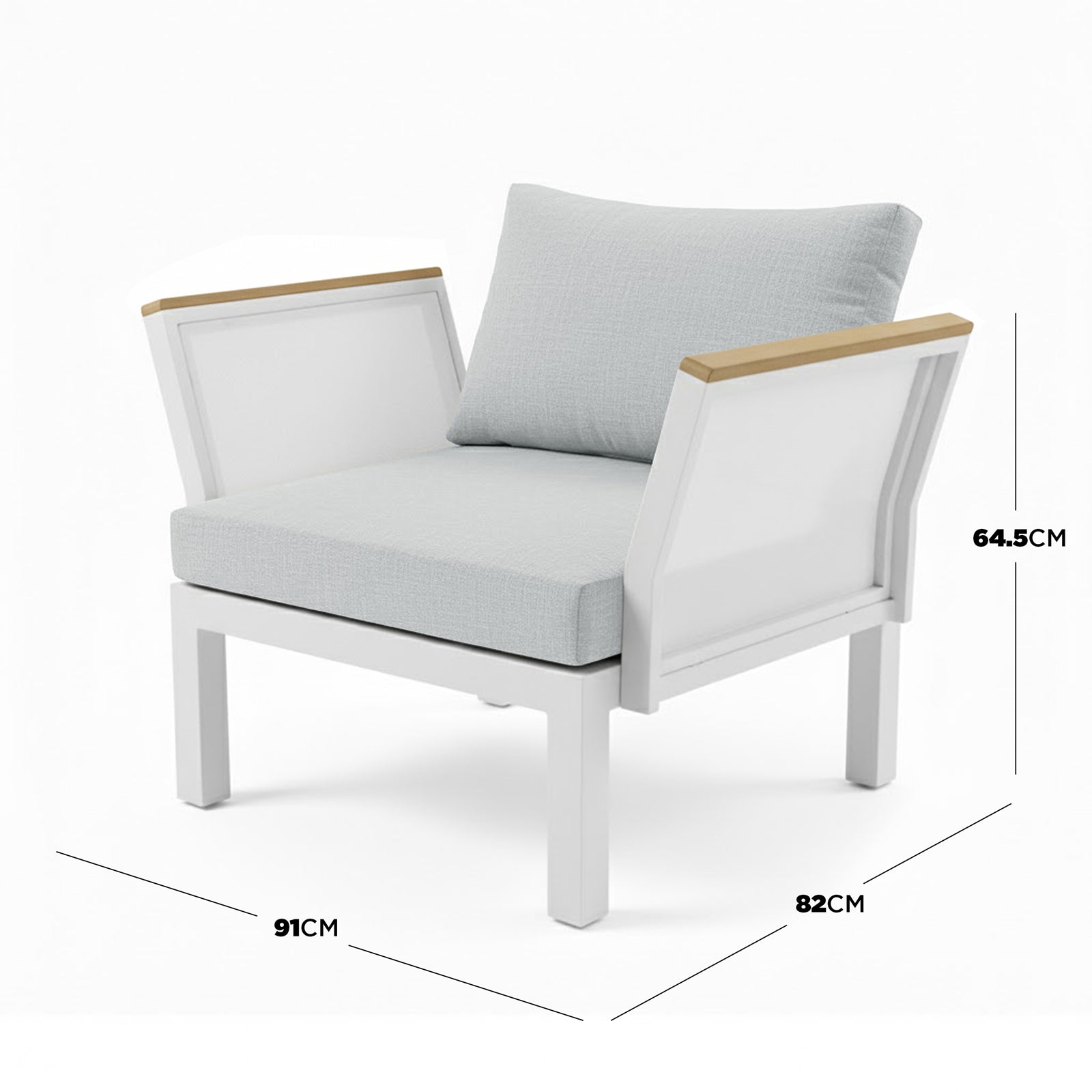 Sierra 5-Seater Outdoor Lounge Set in Grey features a white metal frame, light grey cushions, and wooden armrest caps, offering spacious, weather-resistant comfort with resort-style elegance.