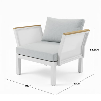 Sierra 5-Seater Outdoor Lounge Set in Grey features a white metal frame, light grey cushions, and wooden armrest caps, offering spacious, weather-resistant comfort with resort-style elegance.
