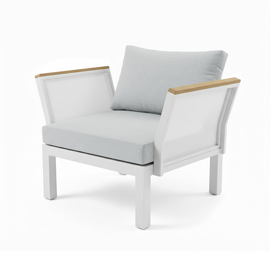 Sierra 5-Seater Outdoor Lounge Set features a modern, single-seat chair with a white frame, teak-look accents, and pale grey cushions, blending style and comfort for outdoor elegance.