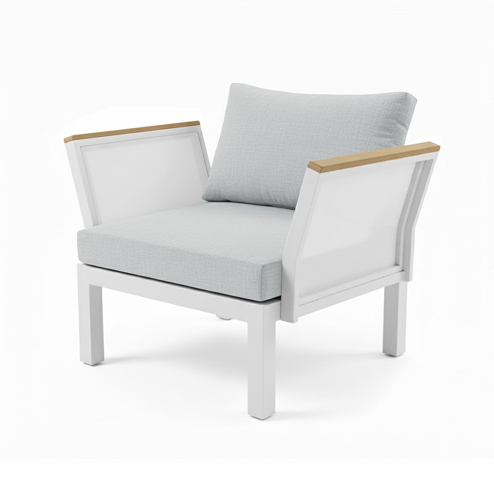 Sierra 5-Seater Outdoor Lounge Set features a modern, single-seat chair with a white frame, teak-look accents, and pale grey cushions, blending style and comfort for outdoor elegance.