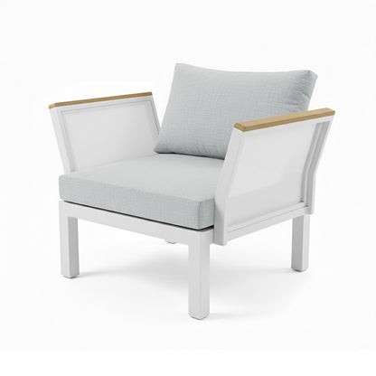 Sierra 5-Seater Outdoor Lounge Set features a modern, single-seat chair with a white frame, teak-look accents, and pale grey cushions, blending style and comfort for outdoor elegance.