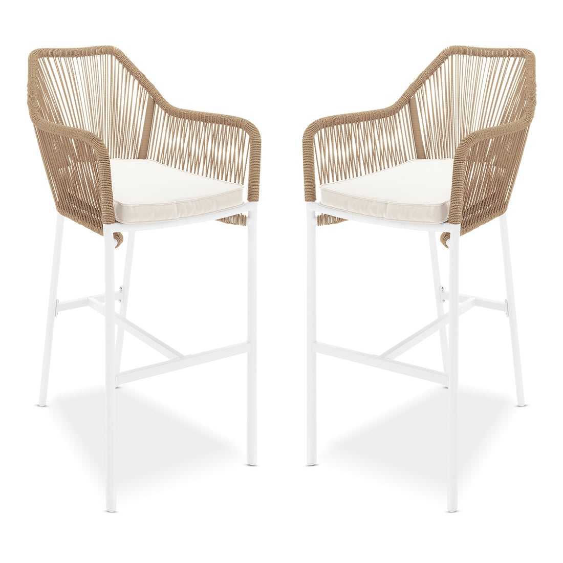 Tablas PE Wicker Outdoor Bar Stool Natural Set of 2 features sculptural design with armrests, showcasing twisted wicker and robust white frame, ideal for versatile indoor or outdoor seating.