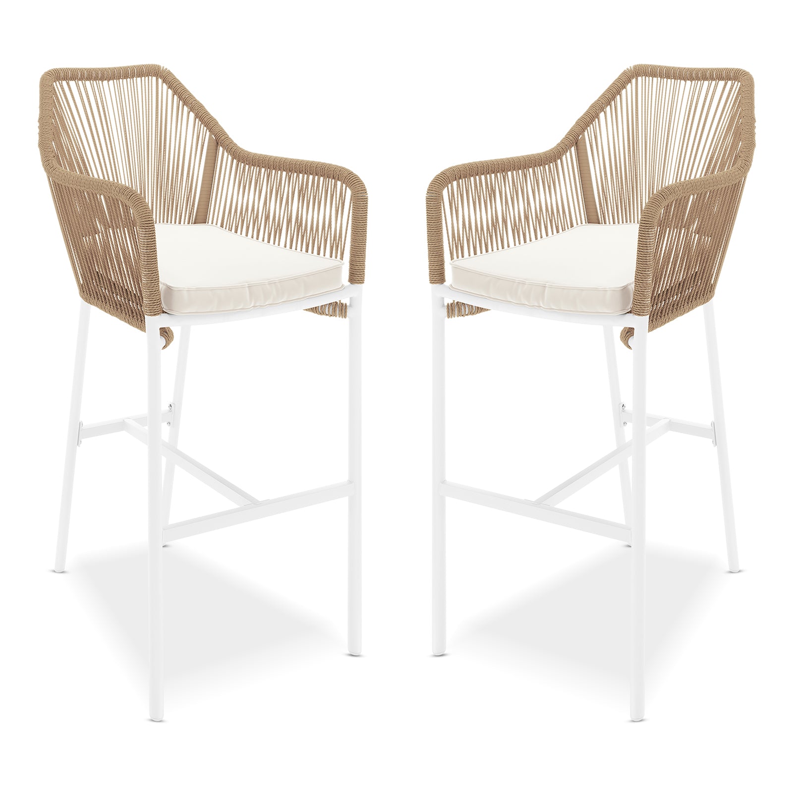 Tablas PE Wicker Outdoor Bar Stool Natural Set of 2 features sculptural design with armrests, showcasing twisted wicker and robust white frame, ideal for versatile indoor or outdoor seating.