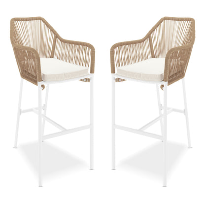 Tablas PE Wicker Outdoor Bar Stool Natural Set of 2 features sculptural design with armrests, showcasing twisted wicker and robust white frame, ideal for versatile indoor or outdoor seating.