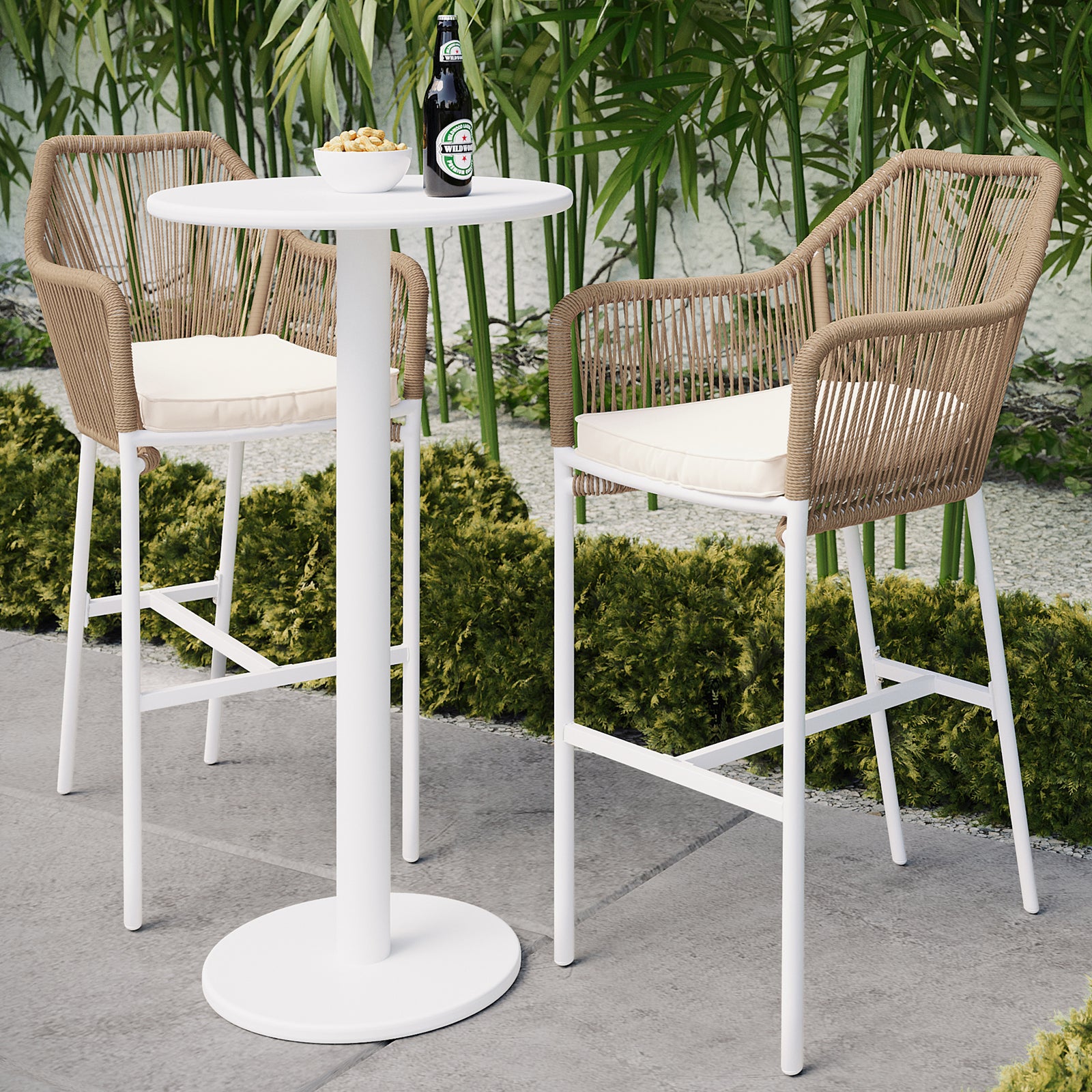 Tablas PE Wicker Outdoor Bar Stool Set of 2 features natural rattan design with beige cushions and white legs, ideal for patios and gardens. Crafted for durability and style in outdoor settings.