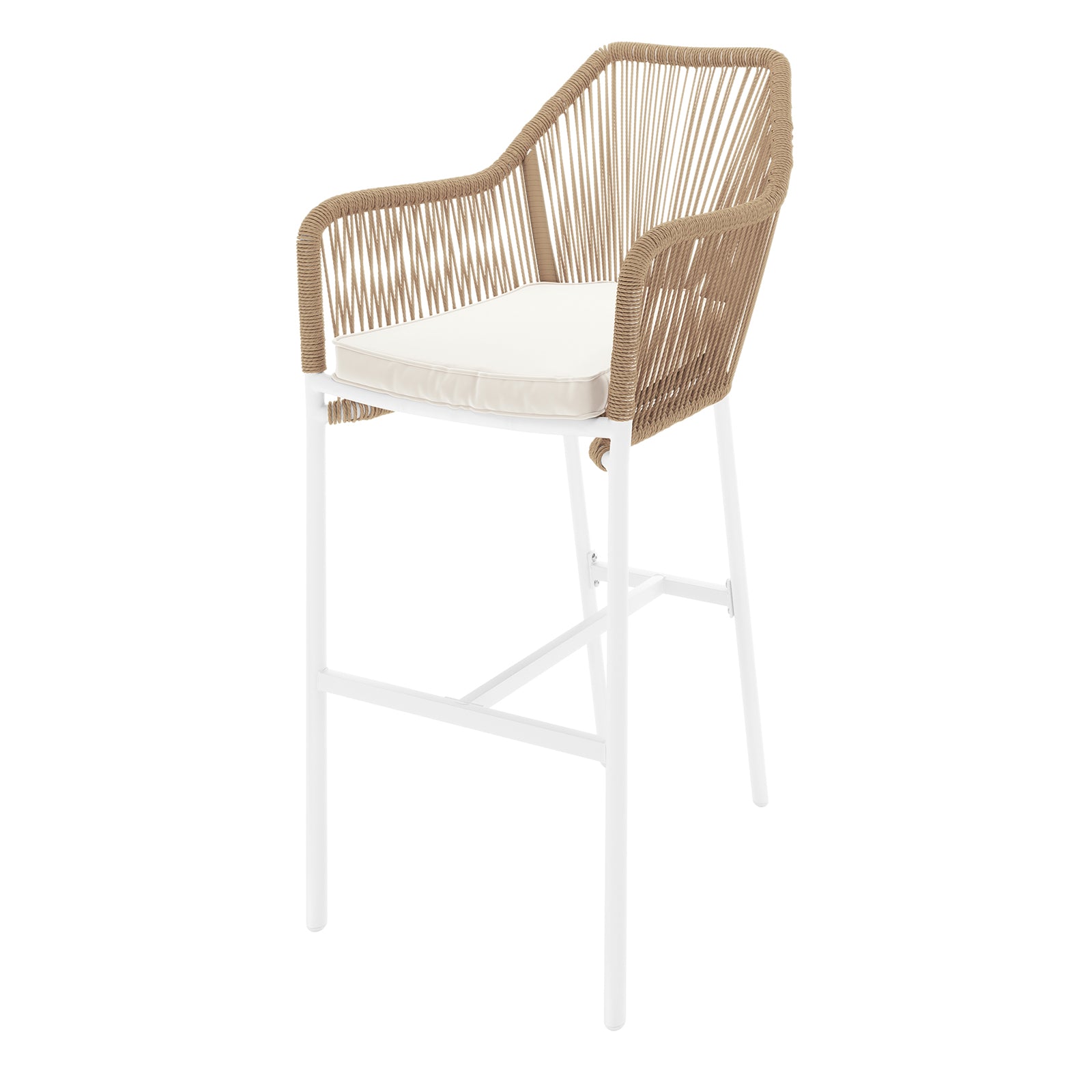 Close-up of the Tablas PE Wicker Outdoor Bar Stool Natural Set of 2, featuring a cushion on the chair, showcasing its elegant design with armrests and durable construction.