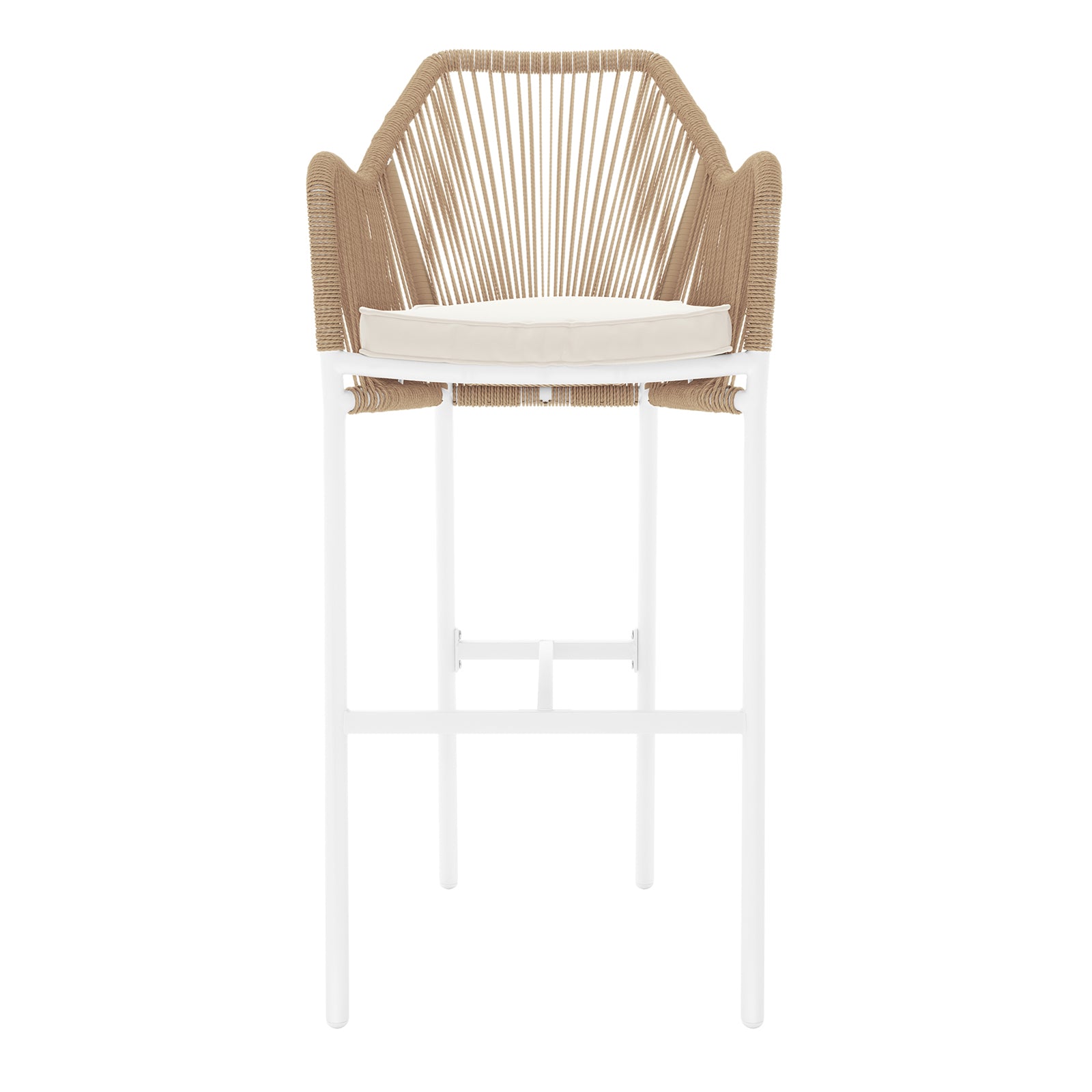 Tablas PE Wicker Outdoor Bar Stool Natural Set of 2 features a sculptural design with woven rattan and elegant white legs, making it a stylish, weatherproof choice for outdoor seating.