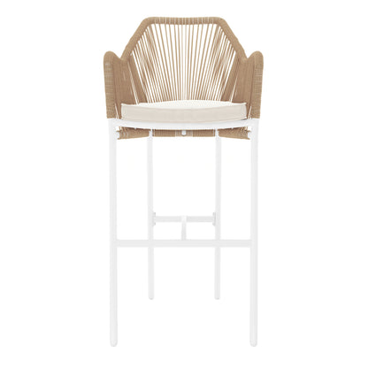 Tablas PE Wicker Outdoor Bar Stool Natural Set of 2 features a sculptural design with woven rattan and elegant white legs, making it a stylish, weatherproof choice for outdoor seating.