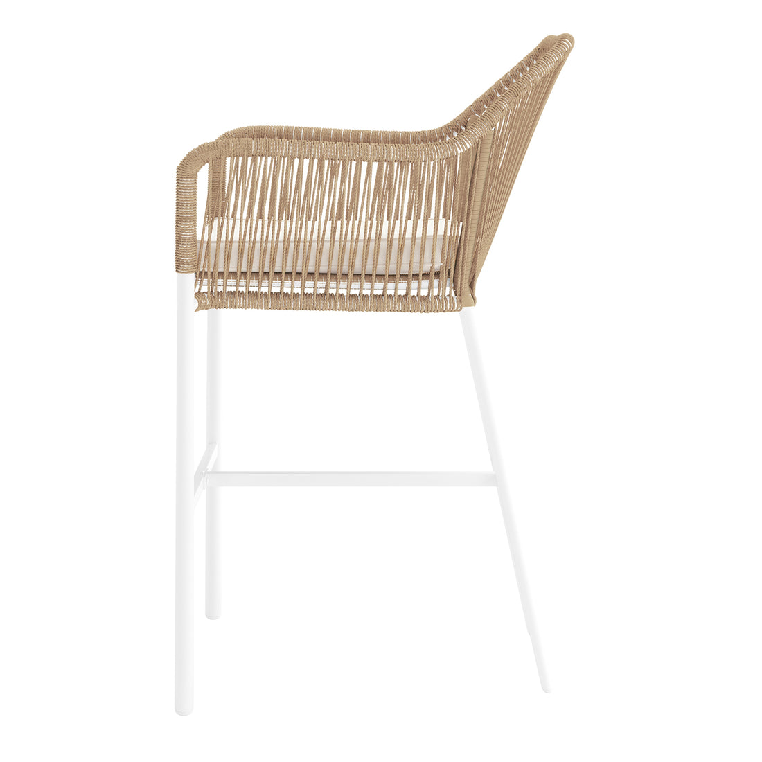 Tablas PE Wicker Outdoor Bar Stool Natural Set of 2 features a sculptural wicker design with armrests, set on durable white powder-coated legs, ideal for stylish outdoor seating.