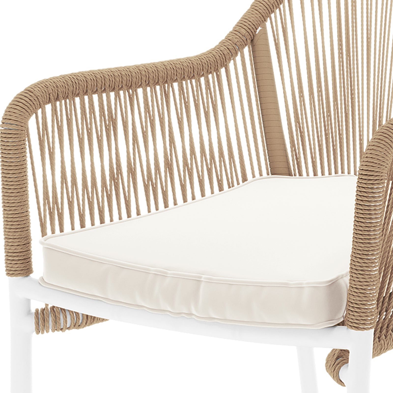 Tablas PE Wicker Outdoor Bar Stool Natural Set of 2 features close-up views of its intricate rope design, showcasing the wicker craftsmanship and robust structure ideal for outdoor settings.