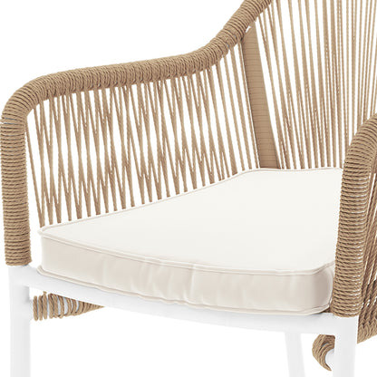 Tablas PE Wicker Outdoor Bar Stool Natural Set of 2 features close-up views of its intricate rope design, showcasing the wicker craftsmanship and robust structure ideal for outdoor settings.