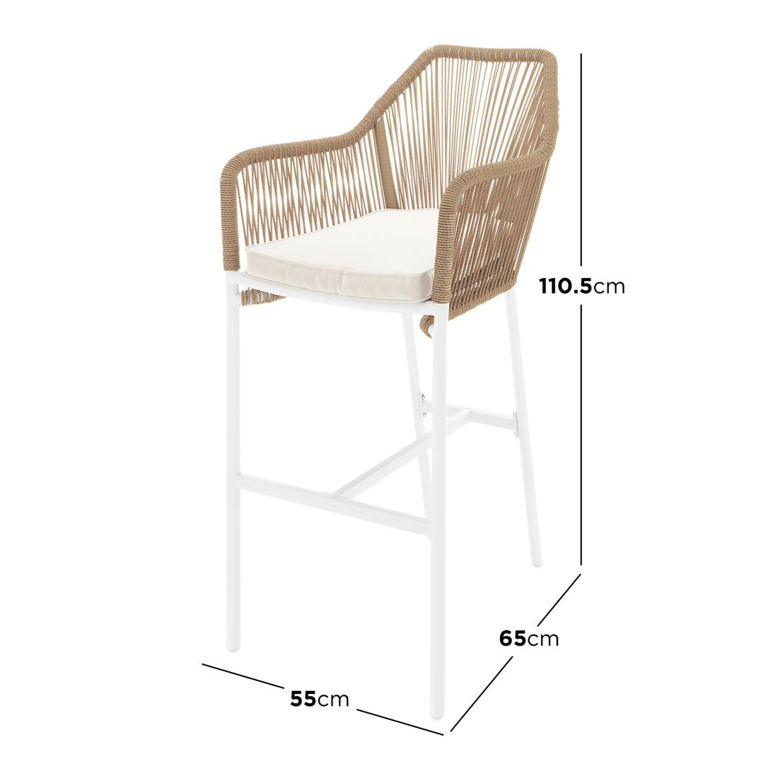 Tablas PE Wicker Outdoor Bar Stool Natural Set of 2, featuring sculptural design with rattan texture and beige cushions, ideal for outdoor bar settings.