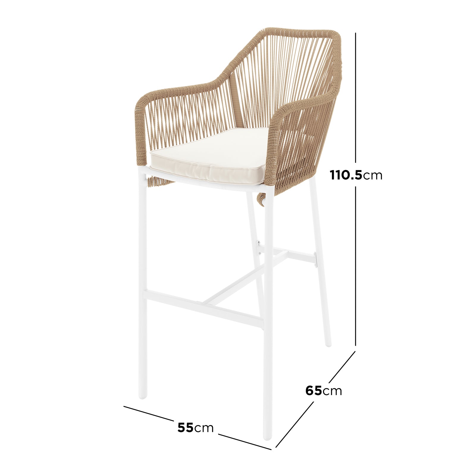 Tablas PE Wicker Outdoor Bar Stool Natural Set of 2, featuring sculptural design with rattan texture and beige cushions, ideal for outdoor bar settings.