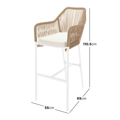 Tablas PE Wicker Outdoor Bar Stool Natural Set of 2, featuring sculptural design with rattan texture and beige cushions, ideal for outdoor bar settings.