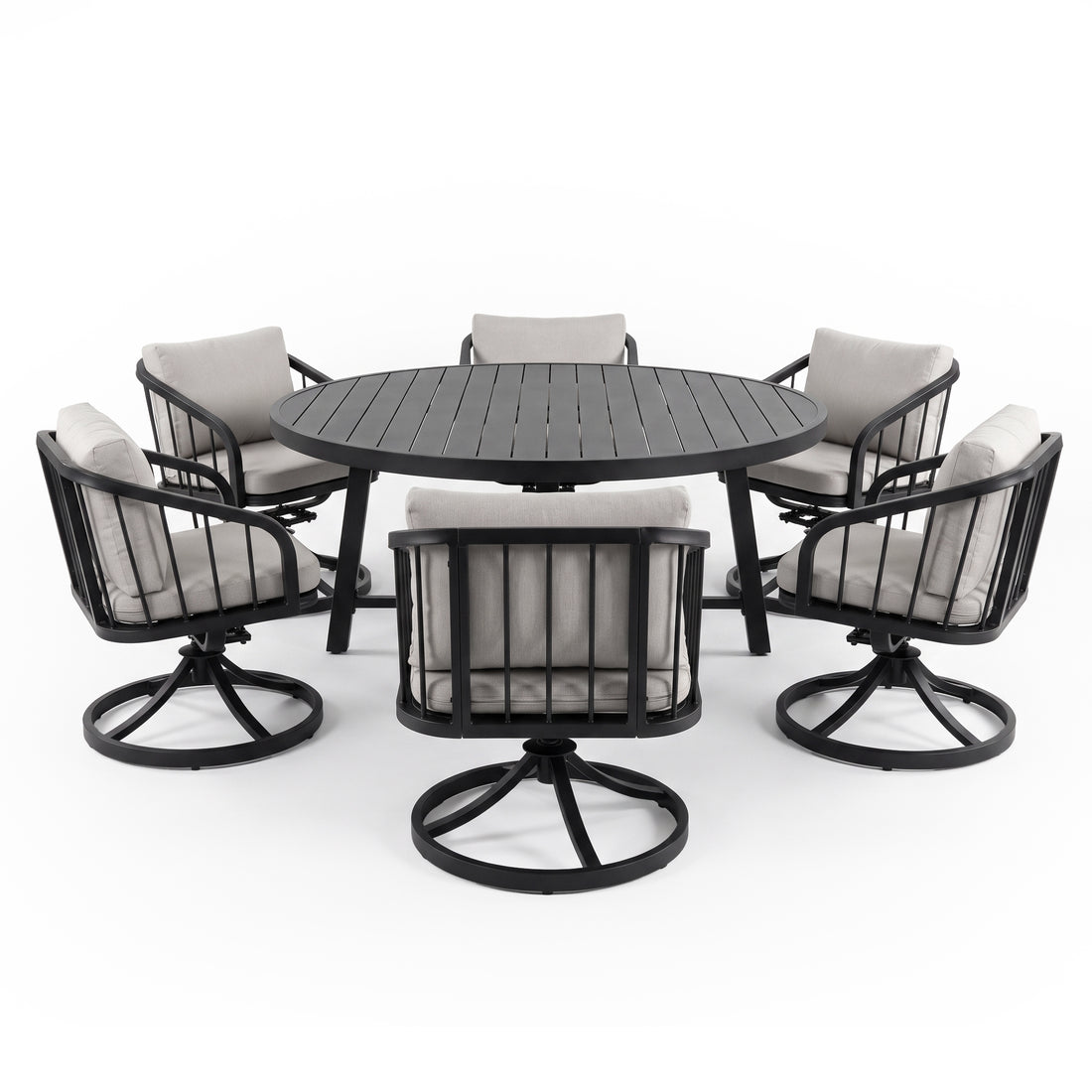 Outdoor dining set with round table and six chairs on white background