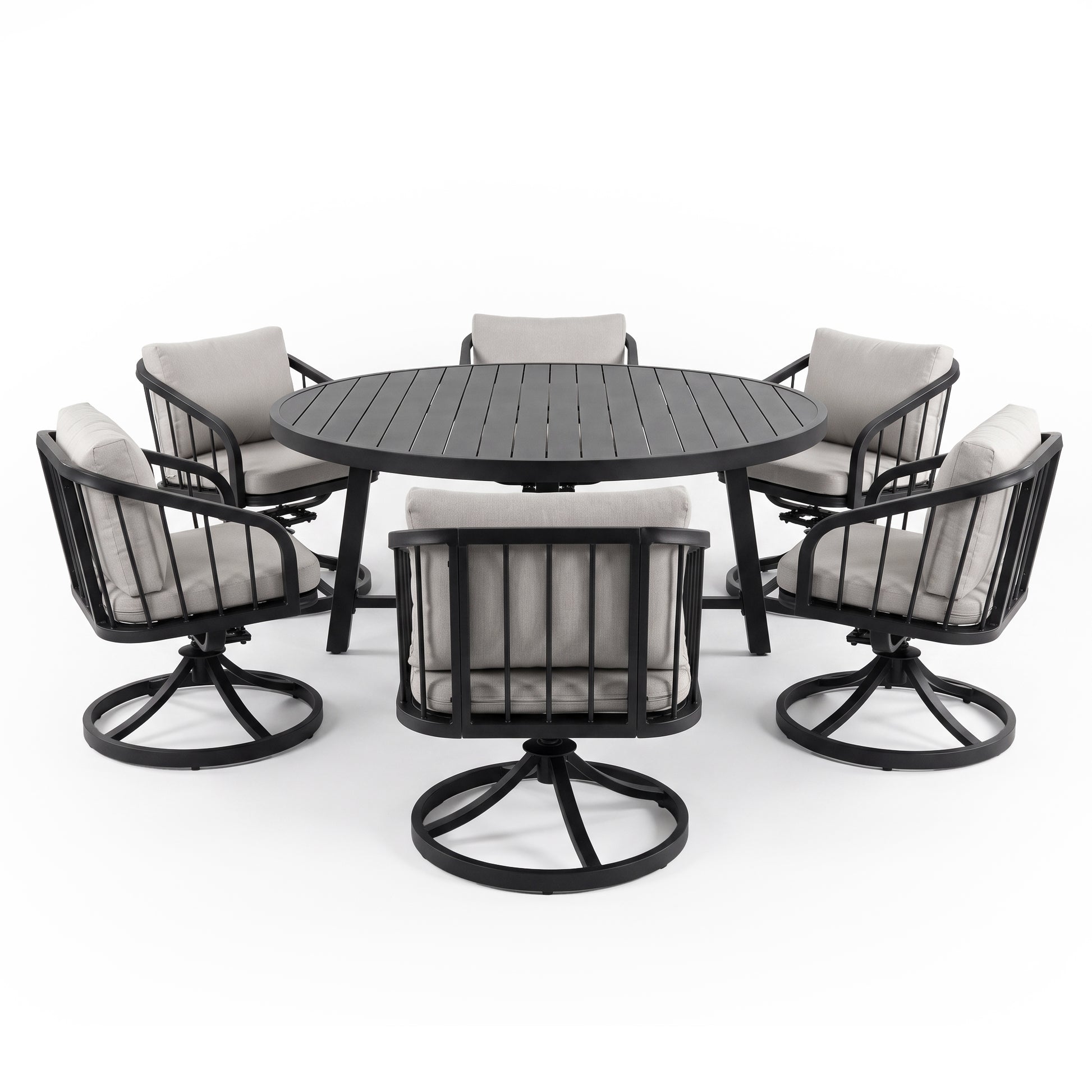 Outdoor dining set with round table and six chairs on white background
