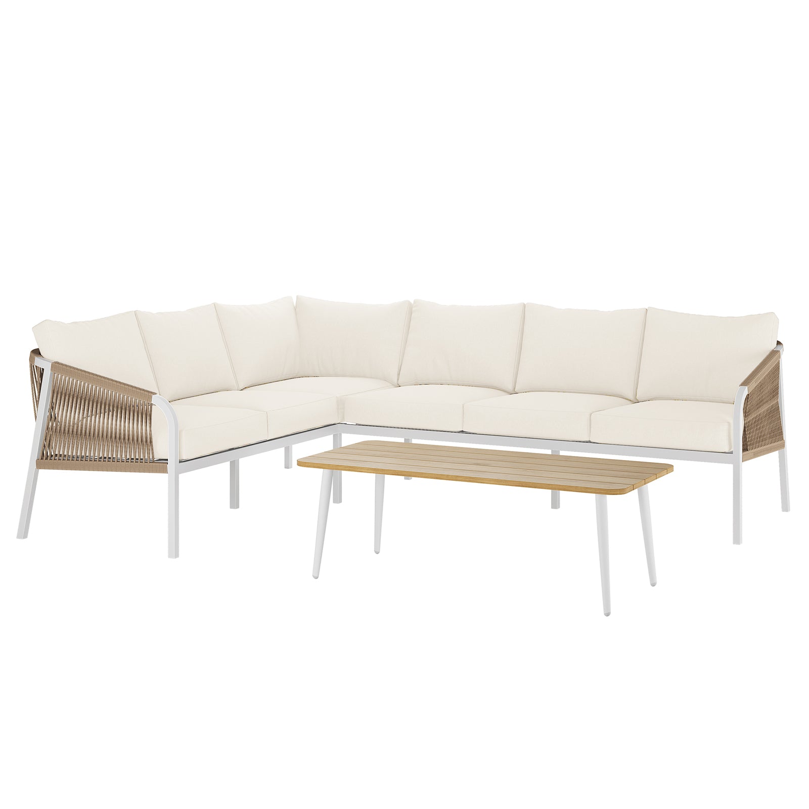 Vernon 4pc Rattan 6-Seater Aluminum Outdoor Lounge Set featuring close-ups of its sleek rattan design, plush cushions, and sturdy aluminum frame, highlighting its modern style and comfort for outdoor relaxation.