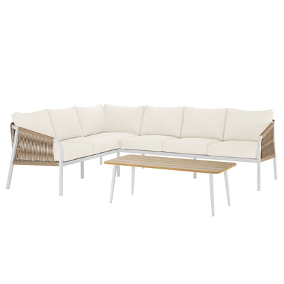Vernon 4pc Rattan 6-Seater Aluminum Outdoor Lounge Set featuring close-ups of its sleek rattan design, plush cushions, and sturdy aluminum frame, highlighting its modern style and comfort for outdoor relaxation.