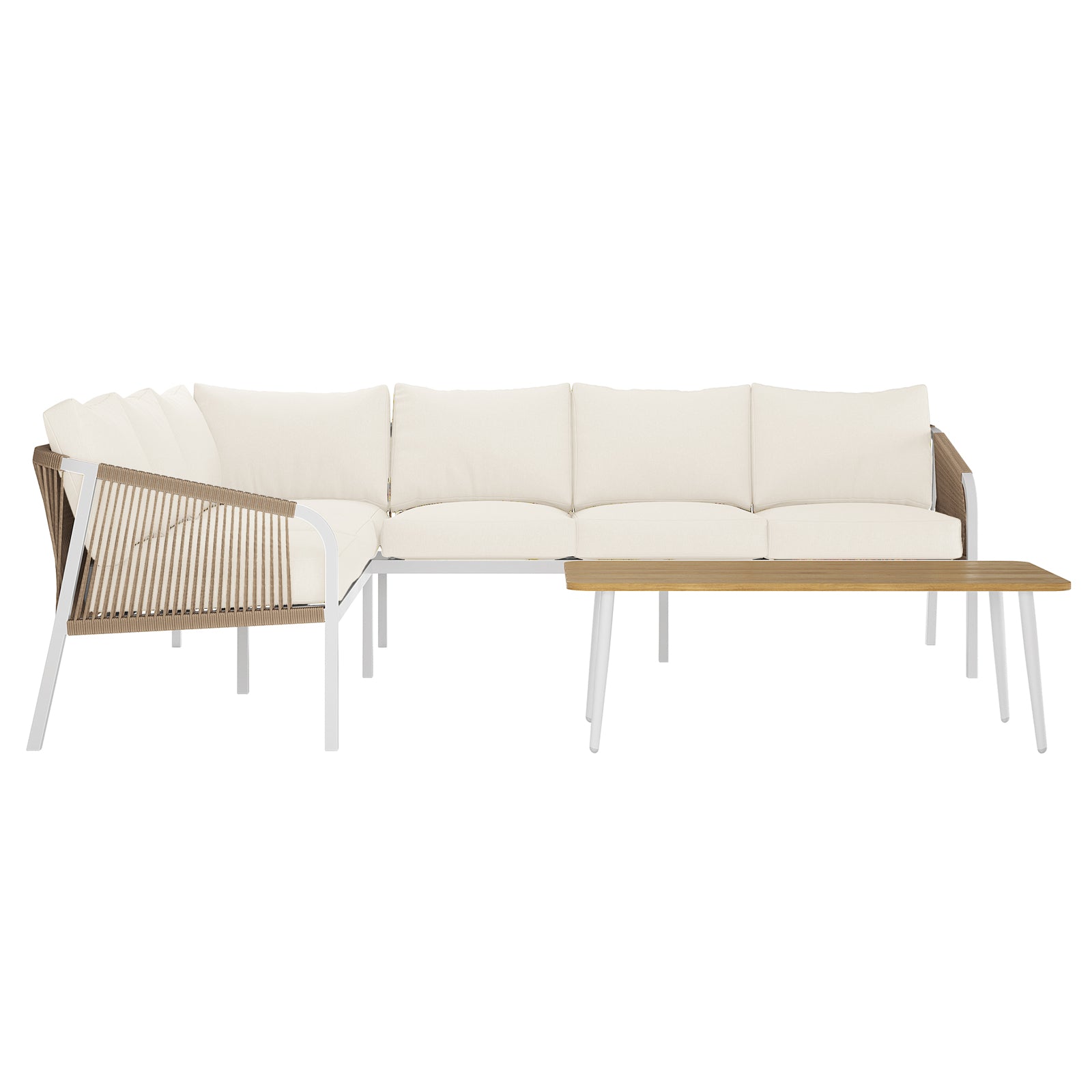 Vernon 4pc Rattan 6-Seater Aluminum Outdoor Lounge Set showcasing a modern, durable design with a sleek, engineered wood coffee table, highlighting its weather-resistant build and spacious seating configuration.