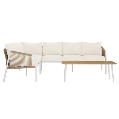 Vernon 4pc Rattan 6-Seater Aluminum Outdoor Lounge Set showcasing a modern, durable design with a sleek, engineered wood coffee table, highlighting its weather-resistant build and spacious seating configuration.
