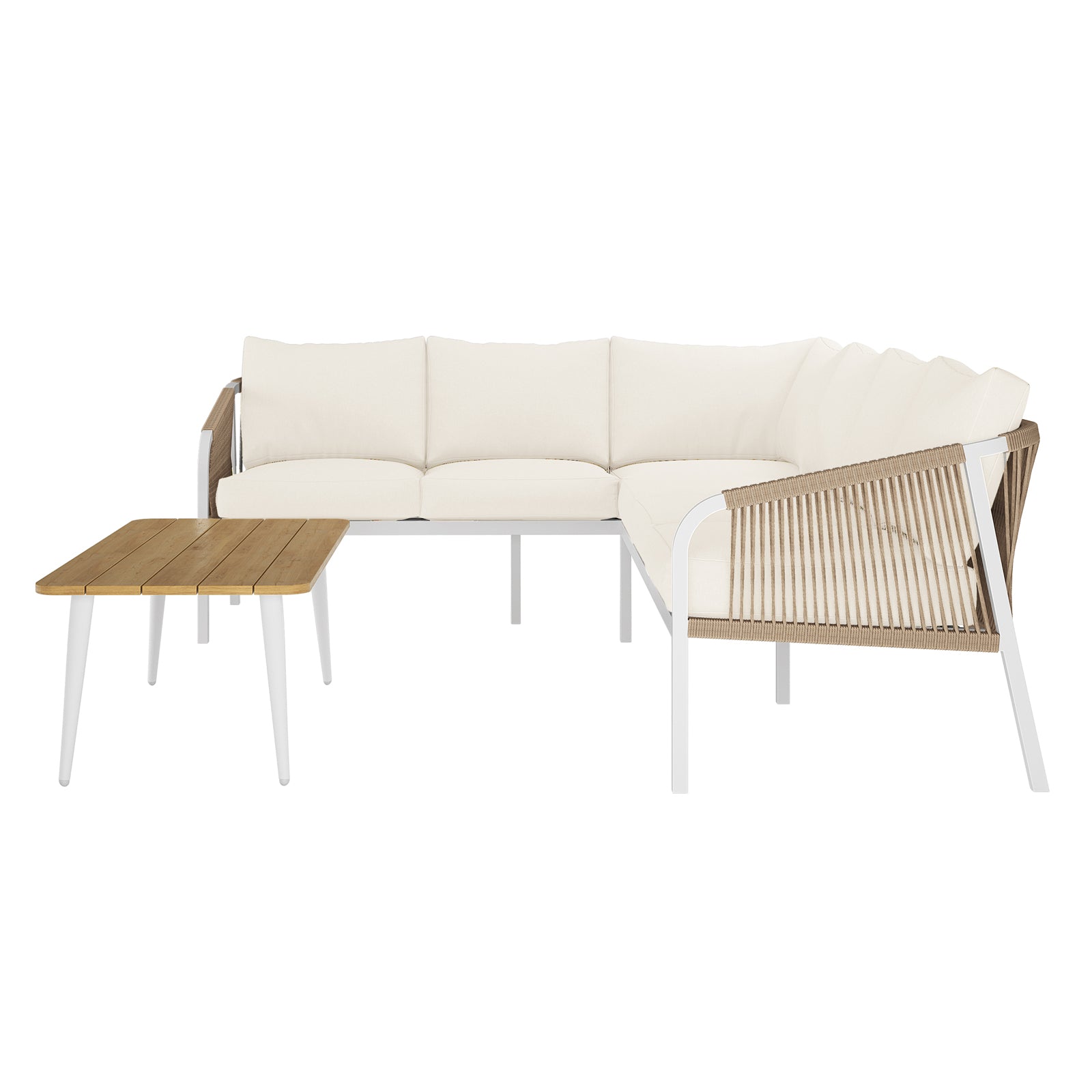Vernon 4pc Rattan 6-Seater Aluminum Outdoor Lounge Set Cream White, showcasing close-ups of the white couch, chair, and pillow, emphasizing the set's modern design and durable construction for elegant outdoor relaxation.