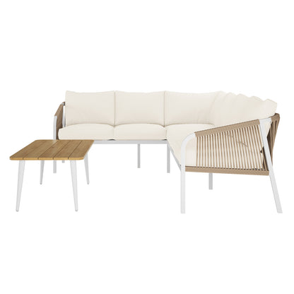 Vernon 4pc Rattan 6-Seater Aluminum Outdoor Lounge Set Cream White, showcasing close-ups of the white couch, chair, and pillow, emphasizing the set's modern design and durable construction for elegant outdoor relaxation.
