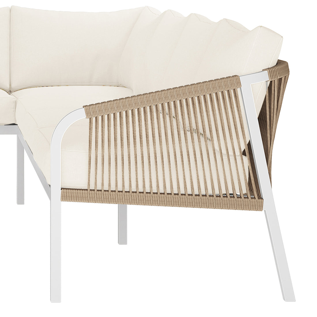 Close-up of the Vernon 4pc Rattan 6-Seater Aluminum Outdoor Lounge Set, highlighting its wicker construction, plush futon pads, and cushioned armrests, showcasing the luxurious outdoor seating design.