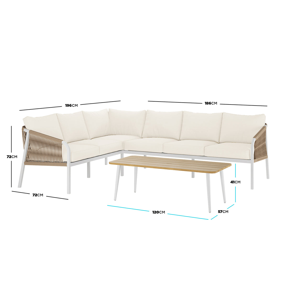 Dimension of the Vernon 4pc Rattan 6-Seater Aluminum Outdoor Lounge Set featuring a white cushion on a sleek sofa, highlighting its modern design and plush comfort.