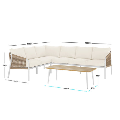 Dimension of the Vernon 4pc Rattan 6-Seater Aluminum Outdoor Lounge Set featuring a white cushion on a sleek sofa, highlighting its modern design and plush comfort.