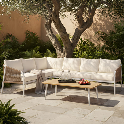 Vernon 4pc Rattan 6-Seater Aluminum L-shaped outdoor lounge set with a white aluminum frame, woven rope armrests, and cream cushions, paired with a timber-top coffee table.