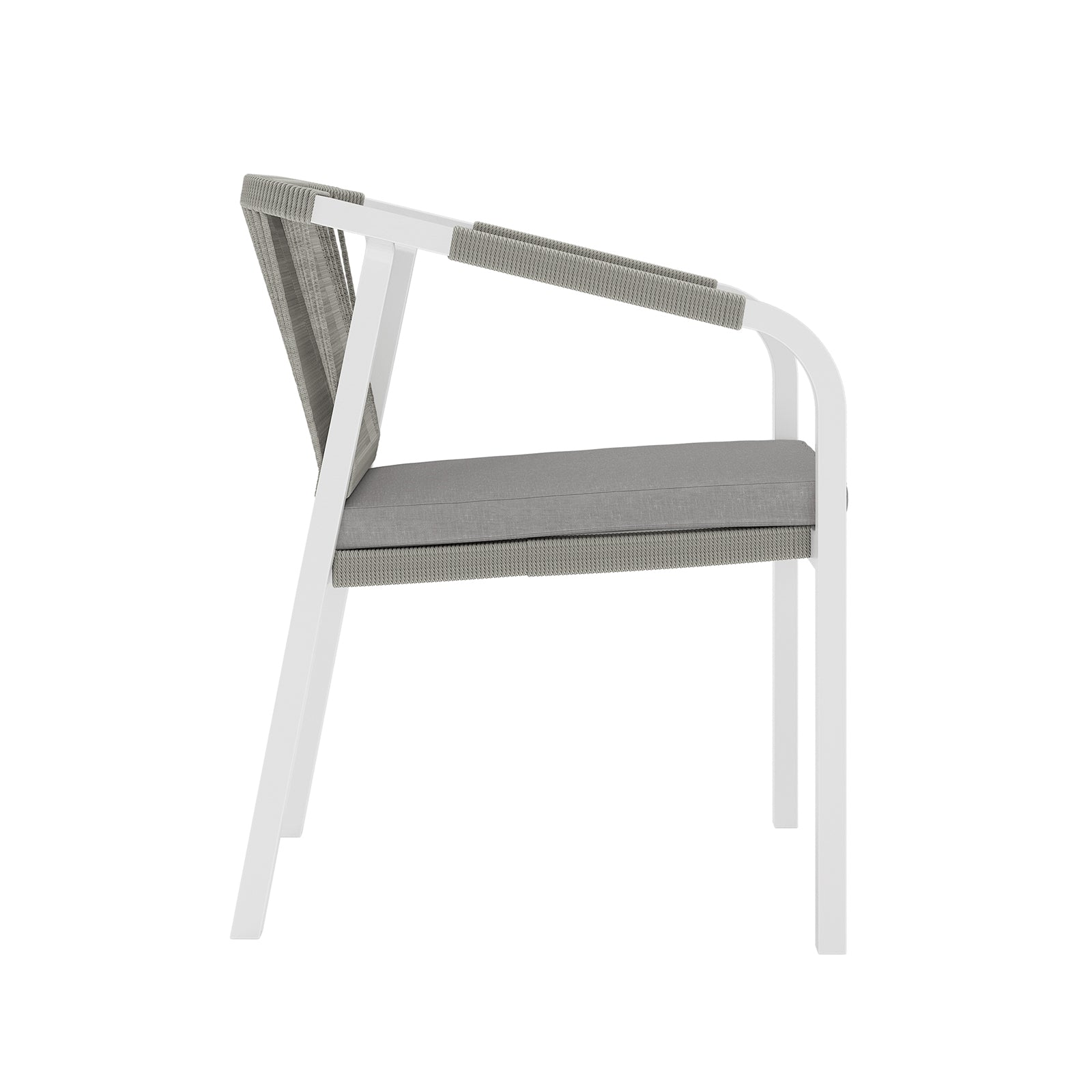 Vernon 6 Seater Aluminium Wicker Outdoor Dining Set Grey features a close-up view of a chair with a cushion, highlighting its elegant wicker design and plush seating.