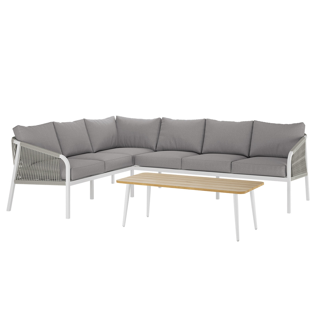 Vernon 4pc Rattan 6-Seater Aluminum Outdoor Lounge Set, showcasing close-up details of the rattan texture and sleek aluminum frame, emphasizing its modern design and spacious seating arrangement.