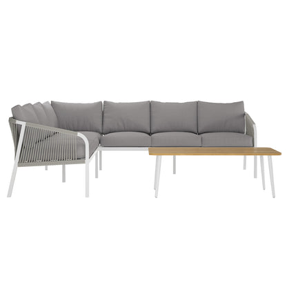Vernon 4pc Rattan 6-Seater Aluminum Outdoor Lounge Set, highlighting the intricate rattan weave and plush cushions, perfect for enhancing any outdoor space with style and comfort.