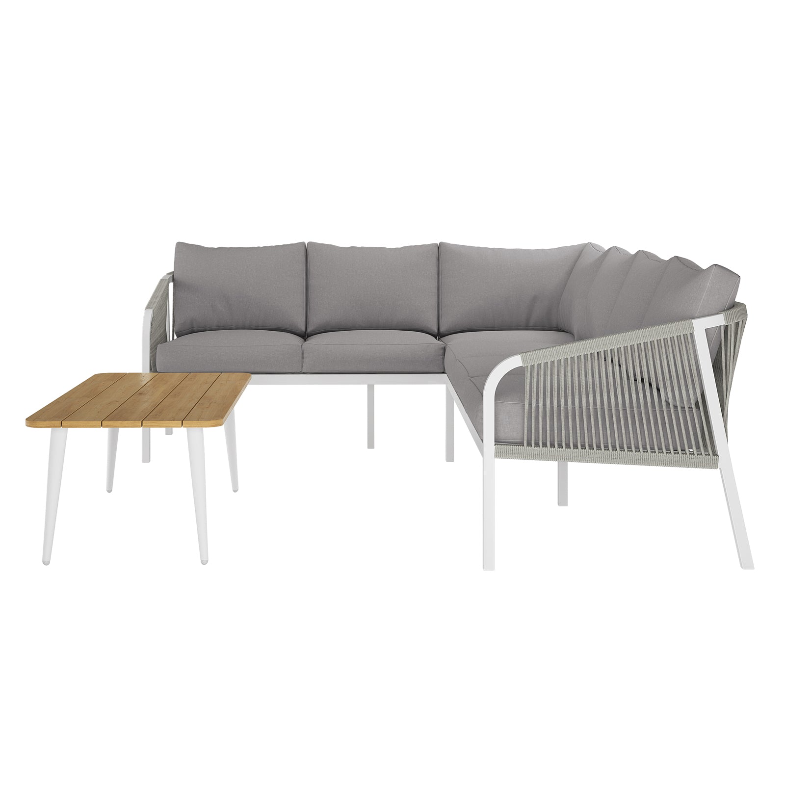 Vernon 4pc Rattan 6-Seater Aluminum Outdoor Lounge Set, featuring a grey couch with plush cushions, highlighting its durable rattan design and modern elegance for outdoor spaces.