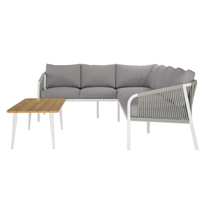 Vernon 4pc Rattan 6-Seater Aluminum Outdoor Lounge Set, featuring a grey couch with plush cushions, highlighting its durable rattan design and modern elegance for outdoor spaces.