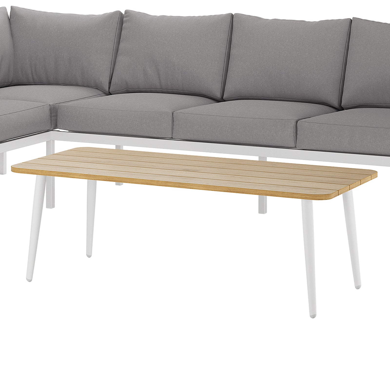 Close-up of the Vernon 4pc Rattan 6-Seater Aluminum Outdoor Lounge Set Grey, showcasing the sleek grey cushions, part of a modern, durable design ideal for outdoor relaxation and socializing.