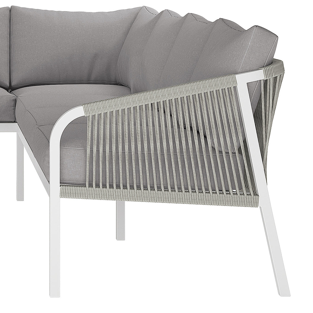 Close-up of Vernon 4pc Rattan 6-Seater Aluminum Outdoor Lounge Set showcasing textured rattan weave, comfortable cushions, and sturdy armrest, highlighting its modern design and durable construction for outdoor use.