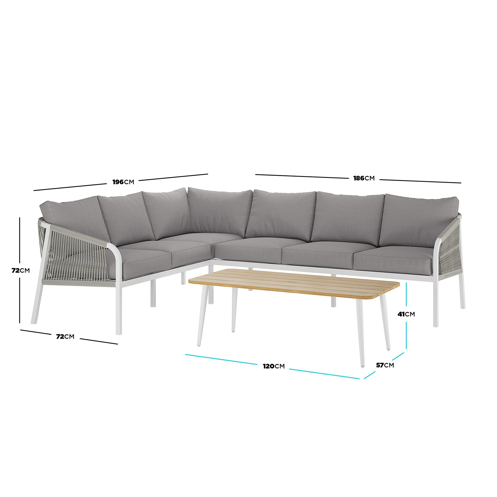 Dimension of the Vernon 4pc Rattan 6-Seater Aluminum Outdoor Lounge Set, showcasing the grey cushions and sleek rattan design, emphasizing its modern and durable construction for comfortable outdoor seating.