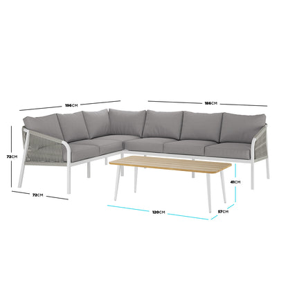 Dimension of the Vernon 4pc Rattan 6-Seater Aluminum Outdoor Lounge Set, showcasing the grey cushions and sleek rattan design, emphasizing its modern and durable construction for comfortable outdoor seating.