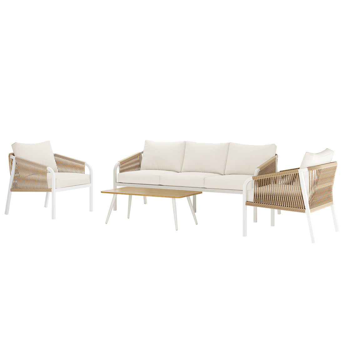 Vernon 5 Seater Aluminium Outdoor Sofa Set in Cream White features a three-seat sofa, two matching armchairs with woven rope-style arm panels, and a wood-tone coffee table.