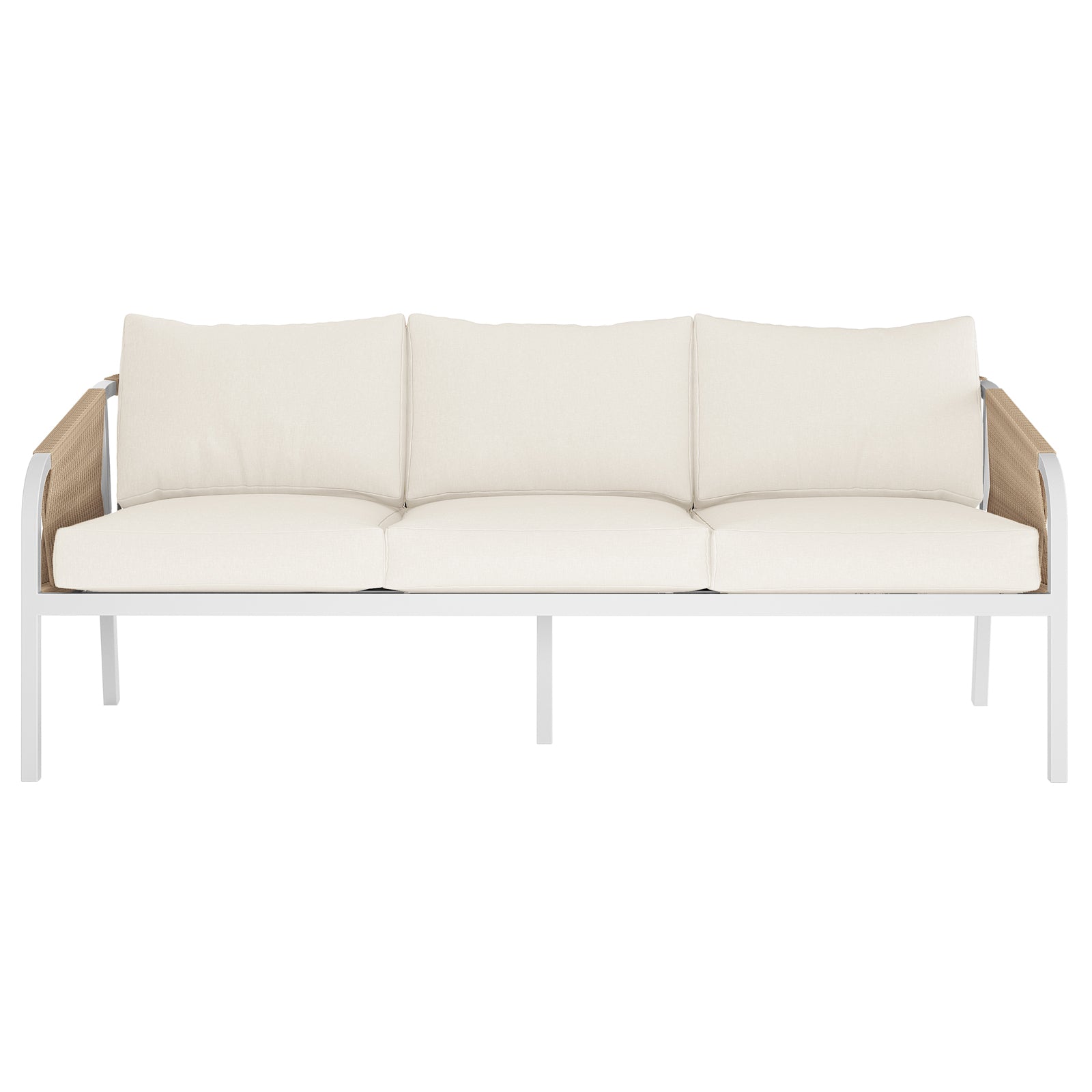 Vernon 5 Seater Aluminium Outdoor Sofa Set in Cream White: features a three-seat sofa with a slim white metal frame, light cream cushions, and woven rattan-style side panels, ideal for stylish outdoor lounging.