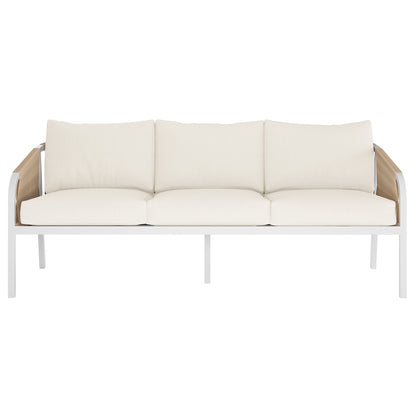 Vernon 5 Seater Aluminium Outdoor Sofa Set in Cream White: features a three-seat sofa with a slim white metal frame, light cream cushions, and woven rattan-style side panels, ideal for stylish outdoor lounging.