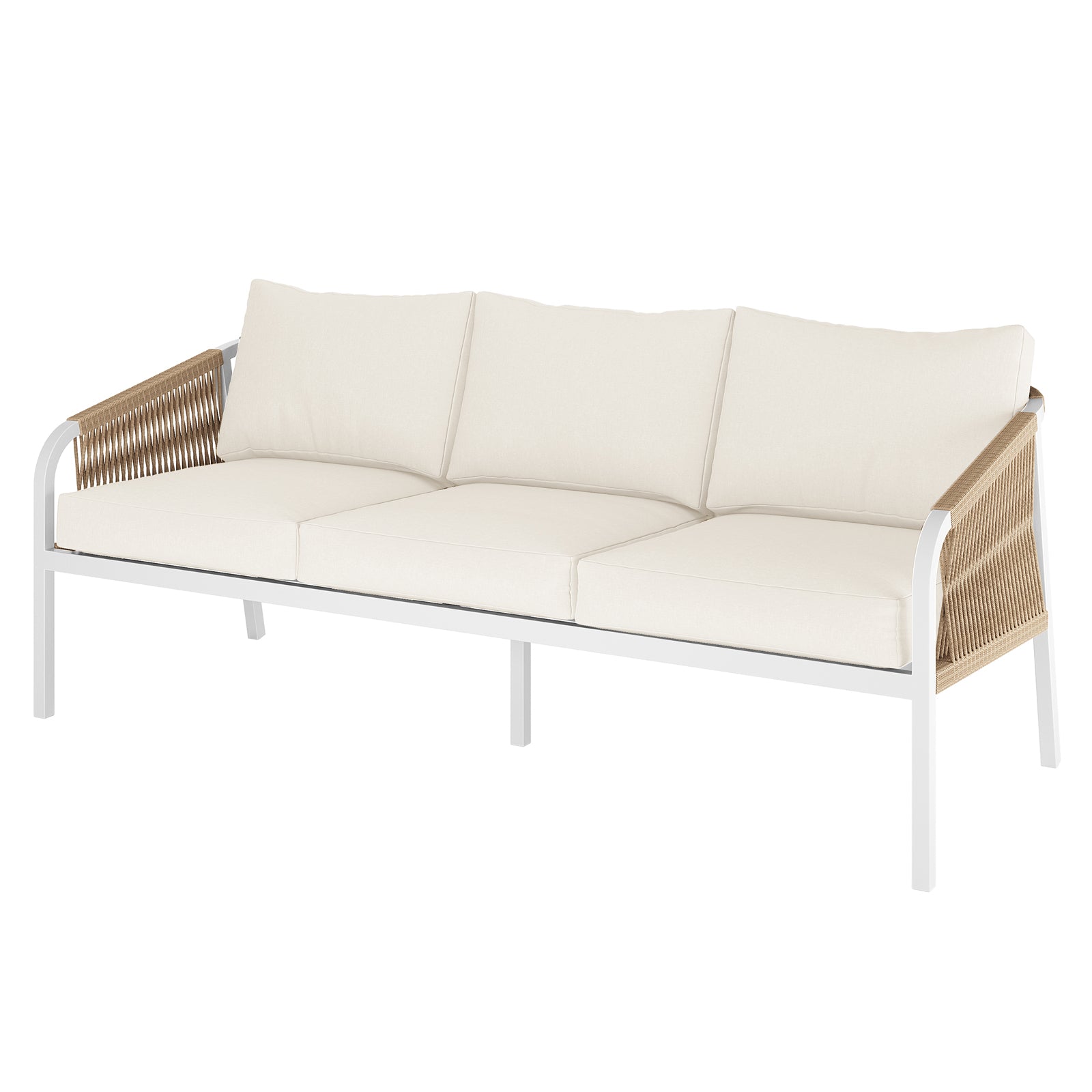Vernon 5 Seater Aluminium Outdoor Sofa Set in Cream White features a three-seat sofa with a white metal frame, off-white cushions, and natural-tone woven rope armrests, ideal for patio settings.