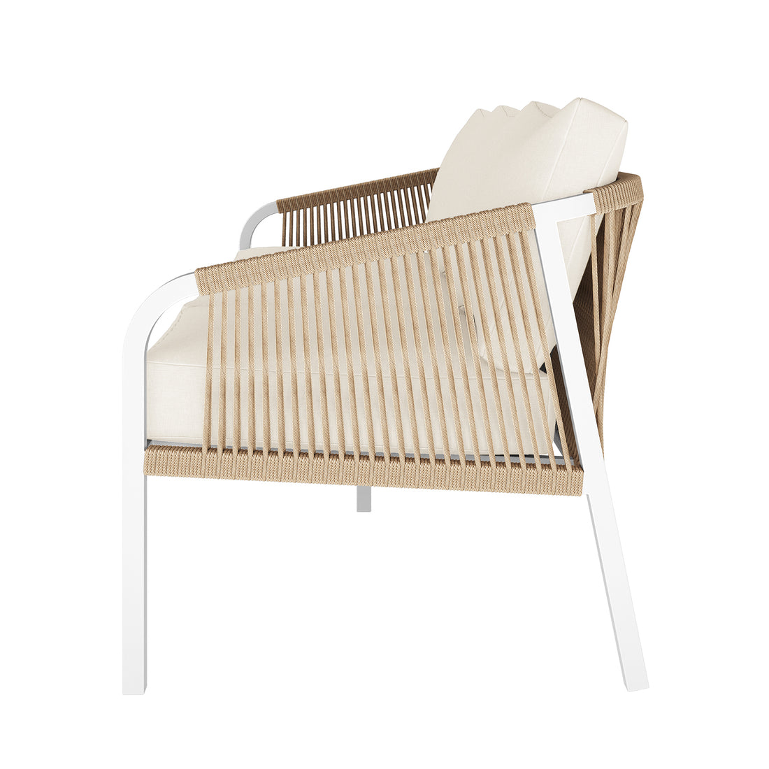 Side view of the Vernon 5 Seater Aluminium Outdoor Sofa Set in Cream White, highlighting its modern lounge chair with a white metal frame and tan rope detailing, featuring thick cushions for comfort.